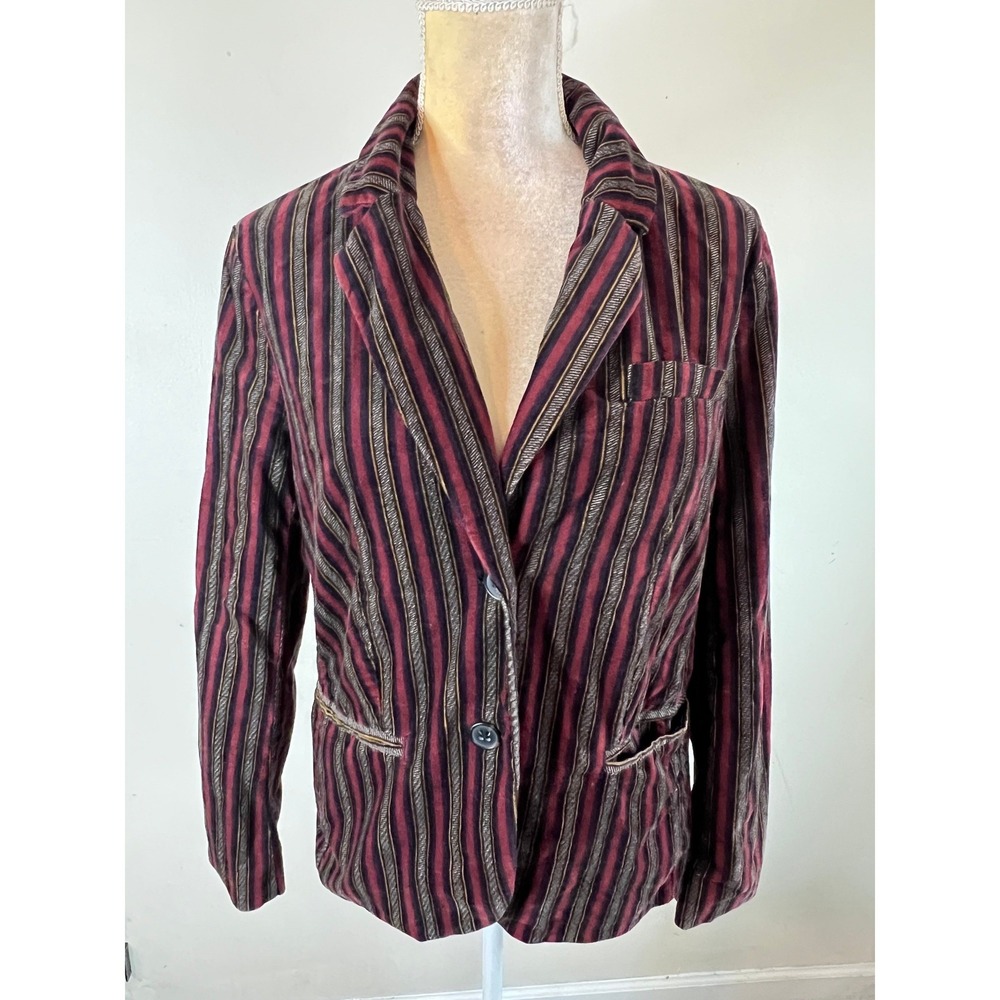 Free People Womens Striped Blazer Jacket Burgundy Black Tan Small